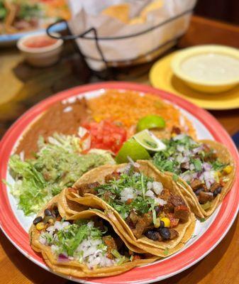 Vegan tacos and vegan queso