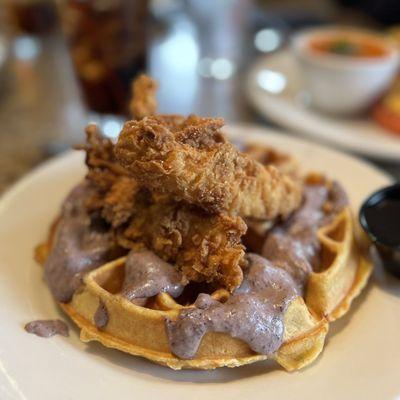 Chicken + waffle from the brunch menu