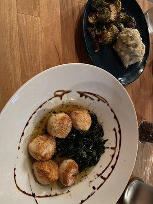 Scallops, fried Brussels, mashed potatoes