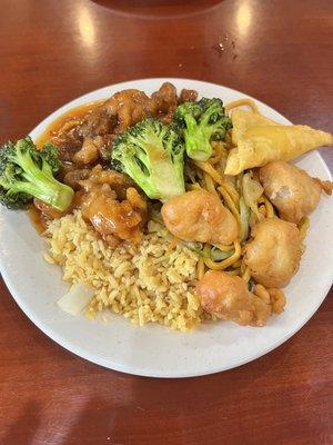 General Tso's chicken, vegetable lo mein, vegetable fried rice