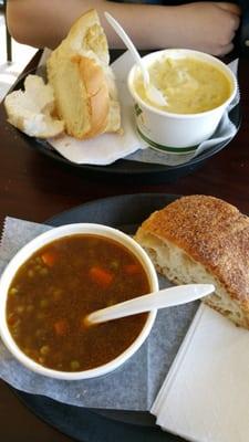 Beef barley soup with ciabbata bread and broccoli cheese soup with challah bread