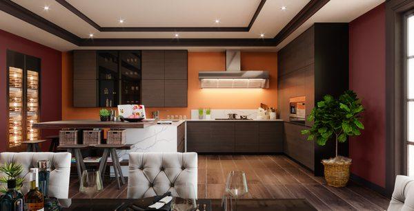 Orange is added to this burgundy and tan kitchen for a playful contemporary feel.