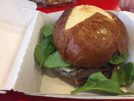 Pretzel bun roast beef sandwich