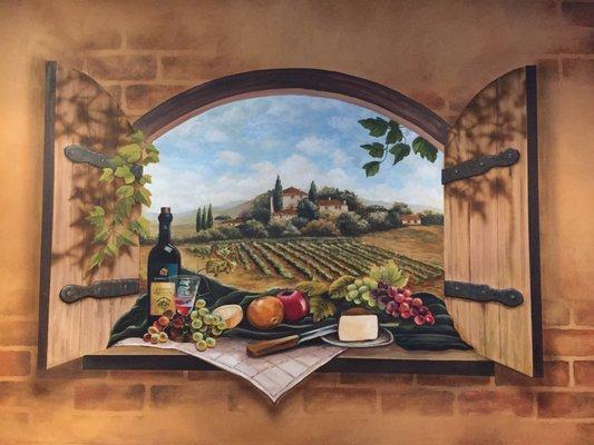 Trompe L'Oeil mural handpainted by Caroline Woods with Skywoods at Darcy's Restaurant in Scottsdale Arizona