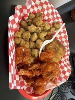 Bang bang shrimp with fried okra!! Amazing !