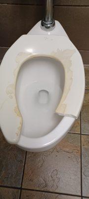 Broken toilet at best buy that resulted in my injuries when I slipped off. I did not noticed the toilet was half gone when I sat down.