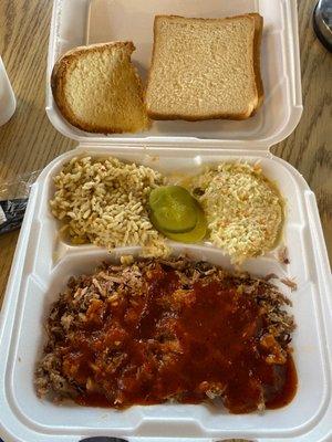 BBQ Pork Plate with dirty rice, Cole slaw, and pound cake