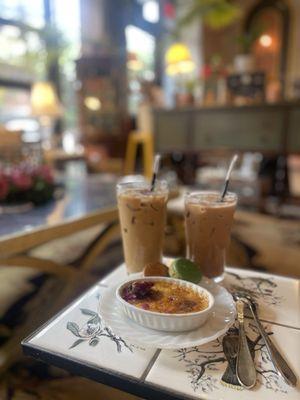 Crème brûlée, macarons, and pistachio latte