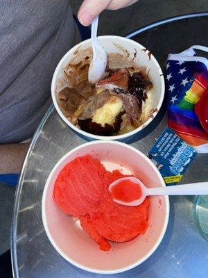 Mixed yogurts & toppings, and tiger's blood Italian ice.