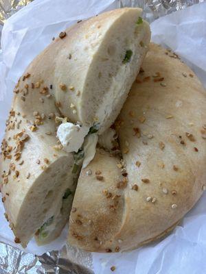 everything bialy toasted with jalapeño cream cheese