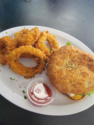 An okay burger on a huge bun. AMAZING ONION RINGS!!