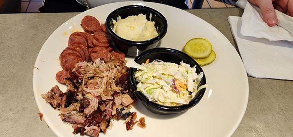 Brisket and sausage plate w/ cole slaw and potato salad