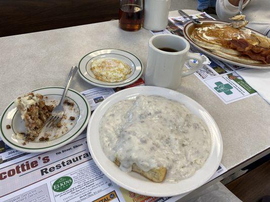 Sausage gravy Biscuit, Sweet Roll, Fried egg and coffee!