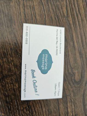 Their business card. .also have an amazing form to advise the type of message,  pressure level, and areas of tension. Very well done.