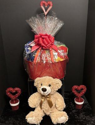 Valentine's Gourmet Snack Gift Pail with Plush Teddy Bear