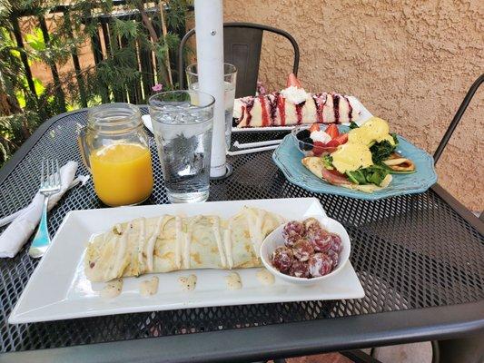 The Melt, Cali eggs Benedict , and Le Crepe with some orange juice