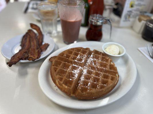 Belgian Waffle with a side of bacon.