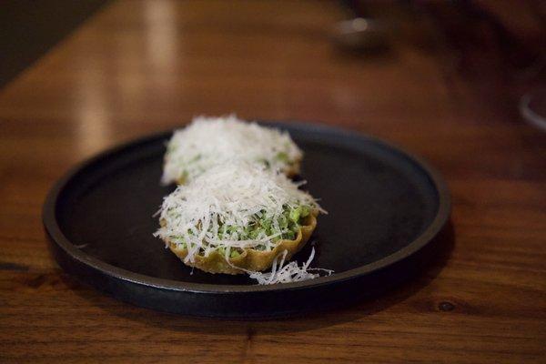 Peas, pecorino, pistachio, first course Excellent!