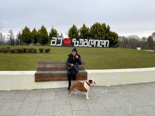 This is our English Bulldog Archie in my hometown Zugdidi in the Country of Georgia