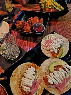 From top: Fiesta Bowl with Chicken, Dry Rub Chicken Wings and Fish Tacos