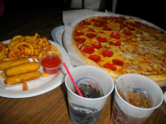 pizza, mozzarella sticks, seasoned fries... and our tiny yet expensive drinks.