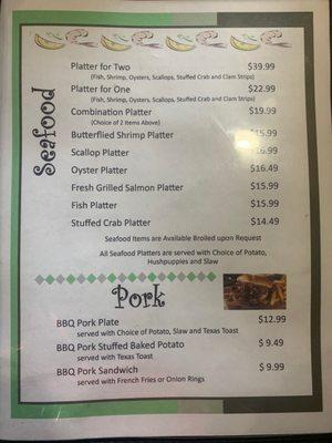 Seafood, Pork Menu