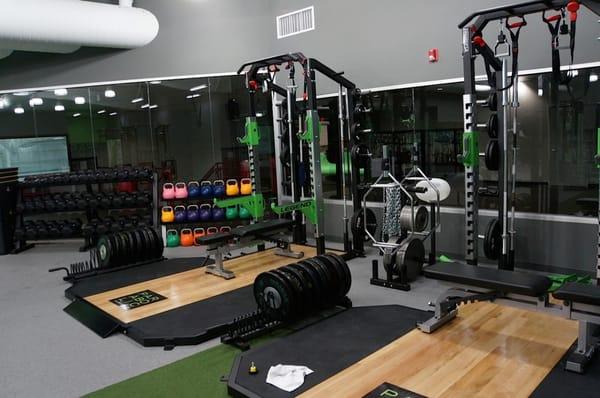 Squat racks, kettlebells and other strength training equipment