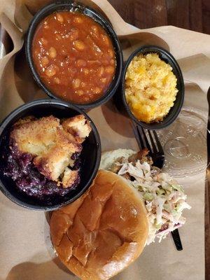 Carolina pork with beans, Mac and cheese, and blueberry cobbler