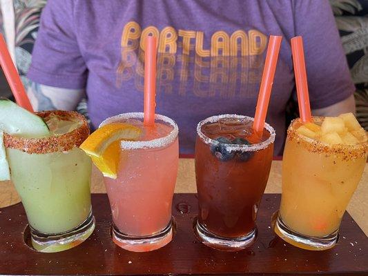 Margarita flight left to right: cucumber, guava, blueberry, cantaloupe. Very very yummy!!