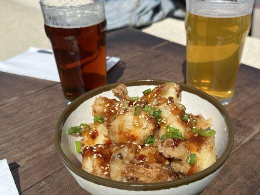 Fried cauliflower and some beer.