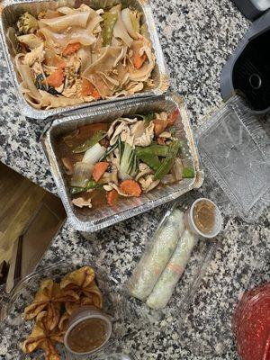 Drunken Noodles, Delight of Two, Spring Rolls, and Crab Rangoon