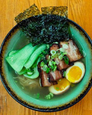 Braised pork belly ramen, soy marinaded egg, bok choy