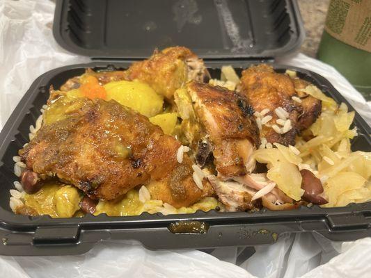 Small jerk chicken, rice and peas w/curry gravy, cabbage