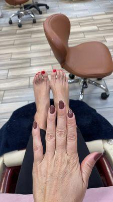 Ferrari Red pedicure and number 51 gel manicure. The trick is, gel pedicure! Lasts forever and looks amazing until you get it redone.