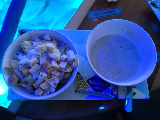 Chipotle caesar and clam chowder