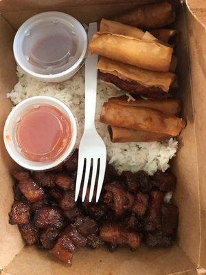 Pork belly BBQ with white rice and lumpia, comes with peanut sauce and sweet chilli