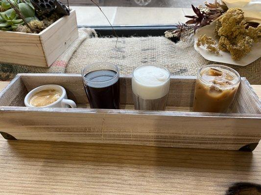 Special event coffee flight! (L to R) Affogato, special brew, cold brew with pumpkin cream foam, iced vanilla latte