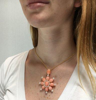 Janet Deleuse repurposed coral with new cultured Akoya pearls pendant. One-off