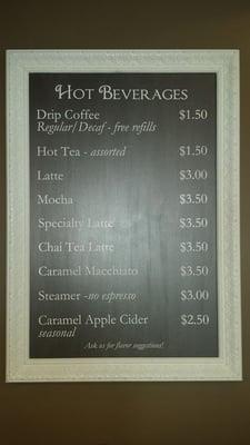 Hot beverage menu