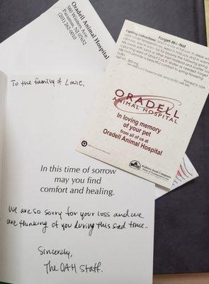 Sympathy Card From Oradell Animal Hospital, Forget Me Not Seed Pack- Nice Touch. Thank You