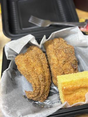 Fried catfish and cornbread.