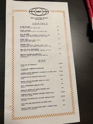 Cocktails and wine menu