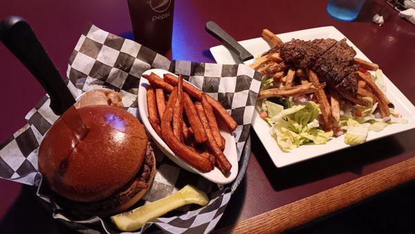 Roadhouse burger w/sweet potato fries.
 Sirloin steak salad.