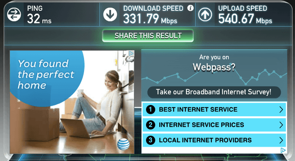 From 20s Mbps (on a good day) with Comcast to 254 Mbps in the same spot and 332 Mbps next to my wireless router.