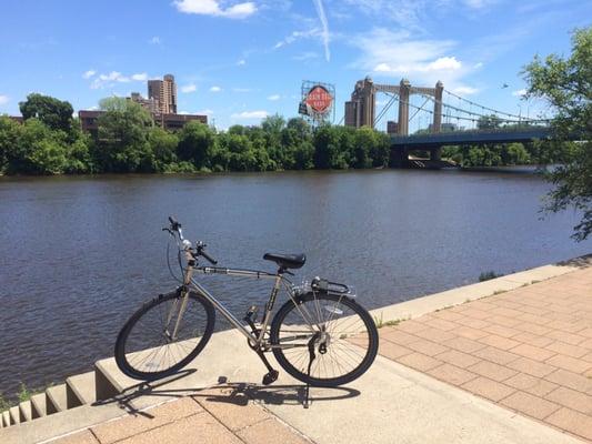 My bike for the day, Grain Belt and the Mighty Mississip in the background