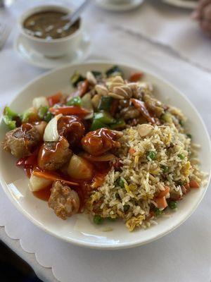 C4 special - Almond Chicken, Sweet & Sour Pork, and Fried Rice