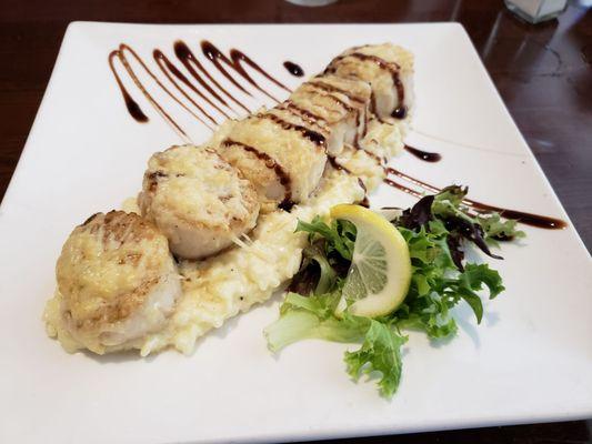 The Brick: Broiled scallops with 3 cheese risotto.