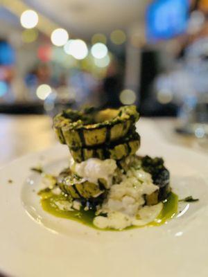 burrata delicata squash, kale and pistachio pesto, sage