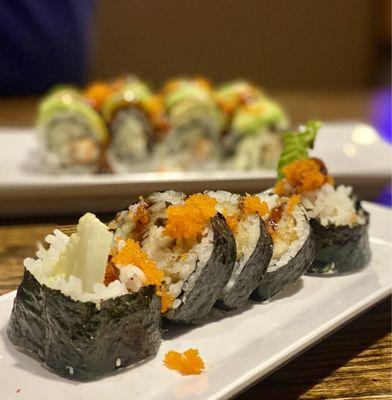 Spider roll/soft-shell crab roll. Who ever is putting mass amounts of masago on the Rolls now Give that human a raise! Yum Yum Yum! :)...