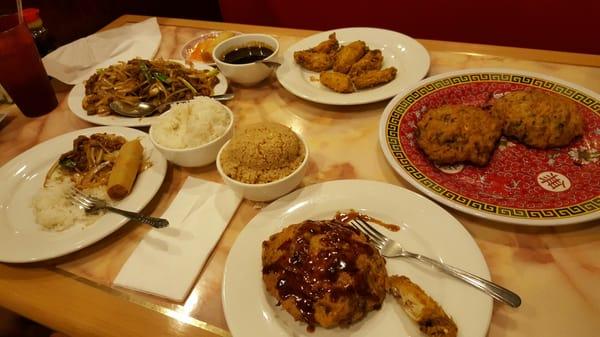 Mongolian beef, chicken wings, veggie rolls and Egg foo young...